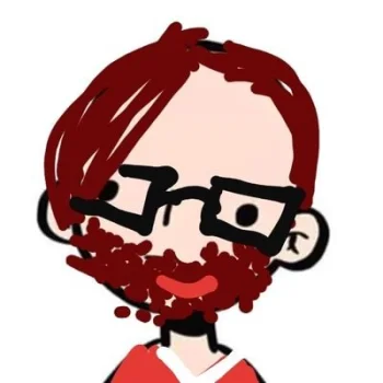 A cartoon style drawing of my portrait. I am wearing a red shirt with a white collar, and black square framed glasses. My hair and beard are brown, and my eyes are black dots. I am smiling.